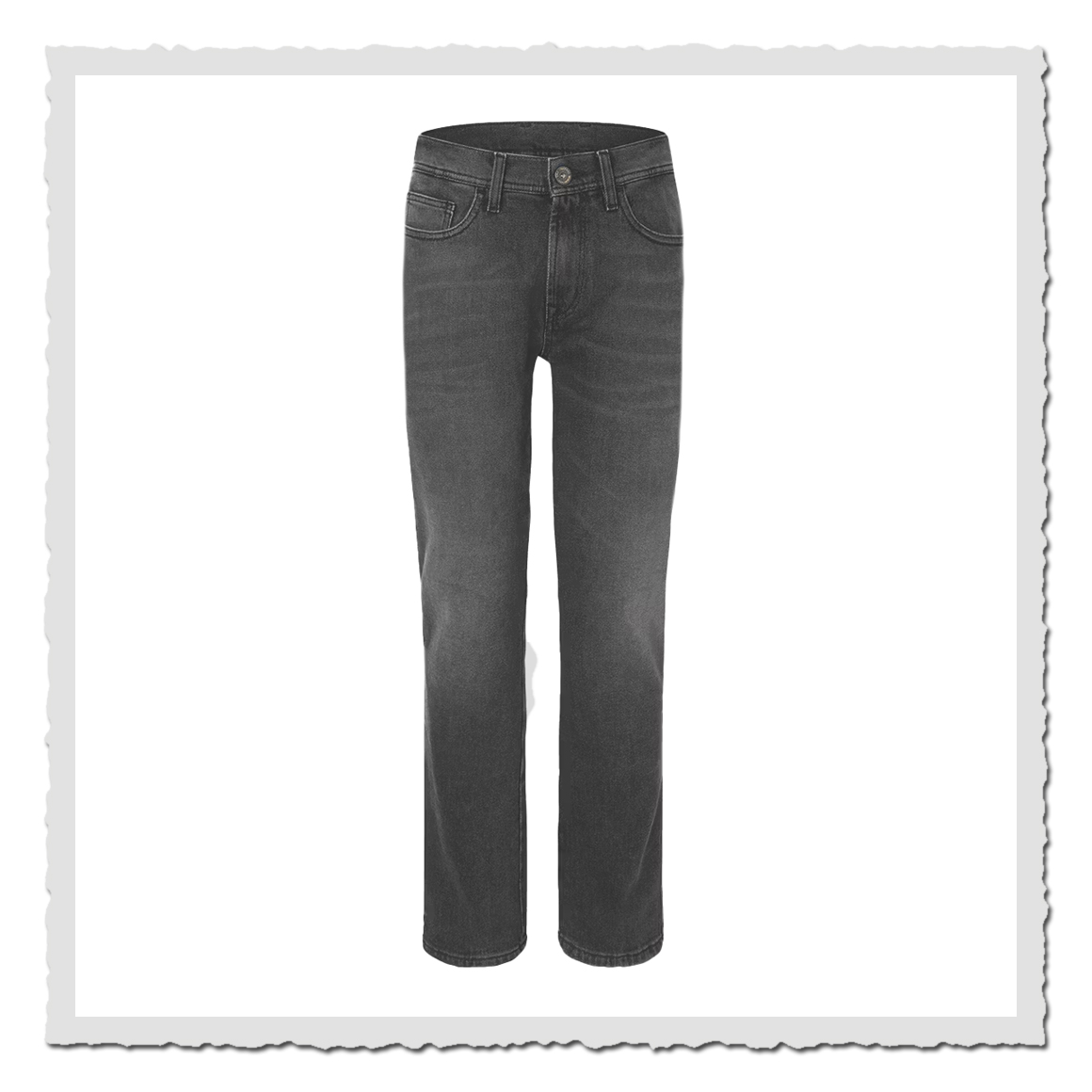 Grauschwarze Jeans in Frontalansicht, freigestellt vor hellem Hintergrund mit geradem Beinverlauf.